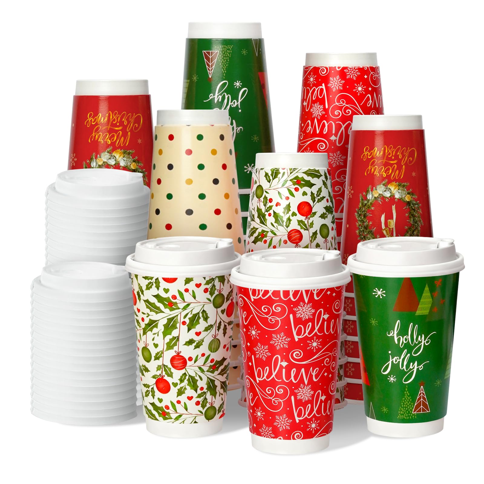 Photo 1 of Nihuecne 50 Pack 16 oz Christmas Disposable Coffee Cups with Snap-on Lids - for Hot or Cold Drinks, Paper Coffee Cups for Xmas Holiday Table Decorations Party Supplies, 5 Assorted Christmas Styles