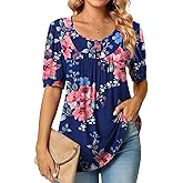 POPYOUNG Women's Tunic Loose Fit Dressy Blouse Ladies Elbow Sleeve Tops Wear with Leggings