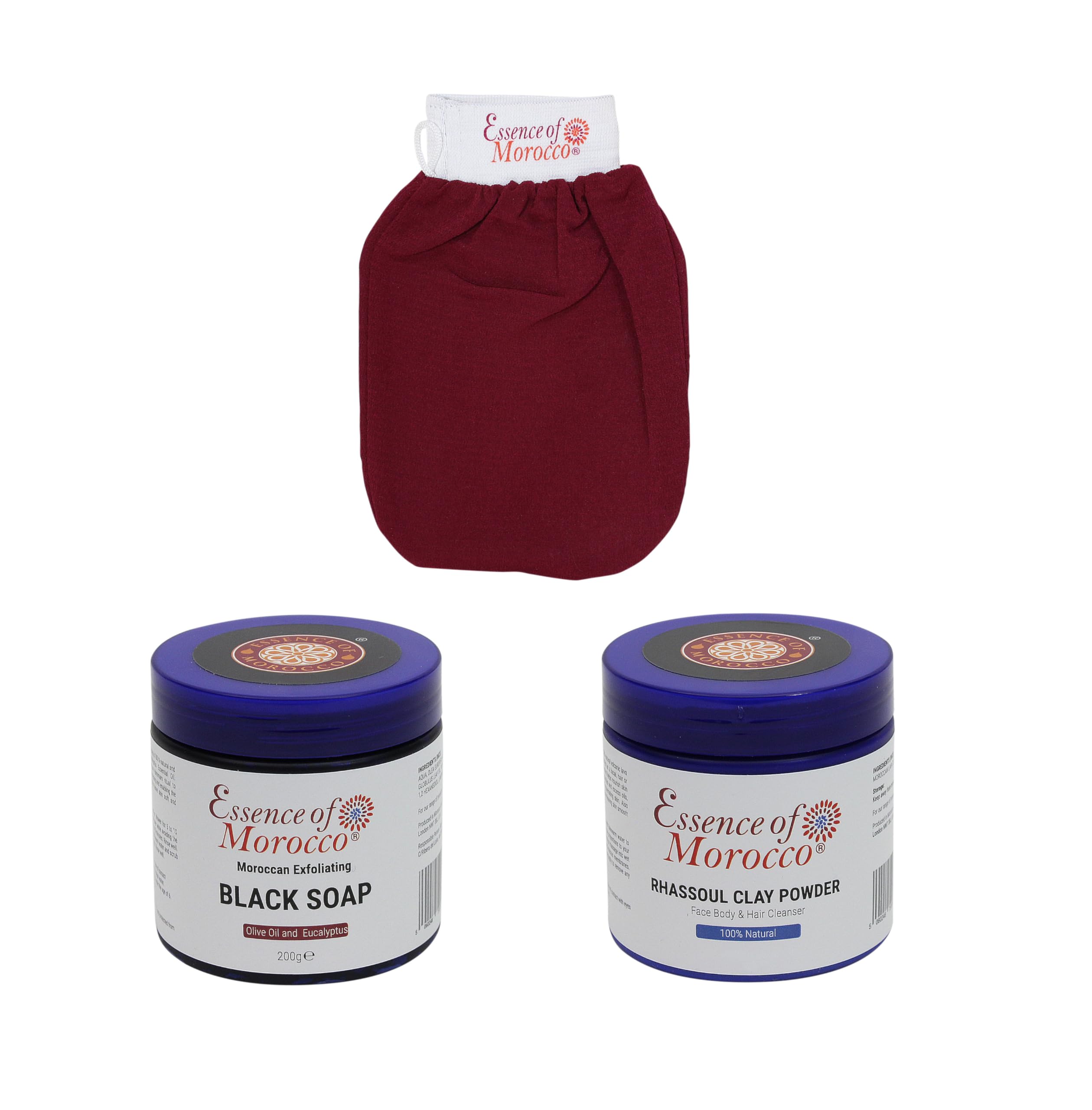 Moroccan Hammam Gift Set: Exfoliating Kessa Glove Mitt, Natural Eucalyptus and Olive Oil Black Soap Scrub Savon Noir, Rhassoul Clay Powder. Helps Deep Cleanse Skin Remove Fake Tan and Ingrown Hair