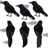 ATDAWN 6 Pack Halloween Black Feathered Crows, Realistic Halloween Birds Decoration for Spooky D&eacute;cor