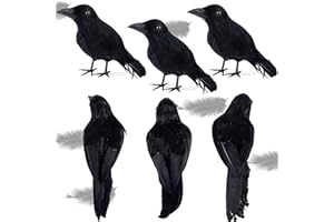 ATDAWN 6 Pack Halloween Black Feathered Crows, Realistic Halloween Birds Decoration for Spooky Decor