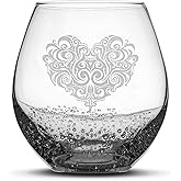 Integrity Bottles Tribal Heart Design Stemless Wine Glass, Handmade, Handblown, Hand Etched Gifts, Sand Carved, 18oz (Bubbly Smoke)