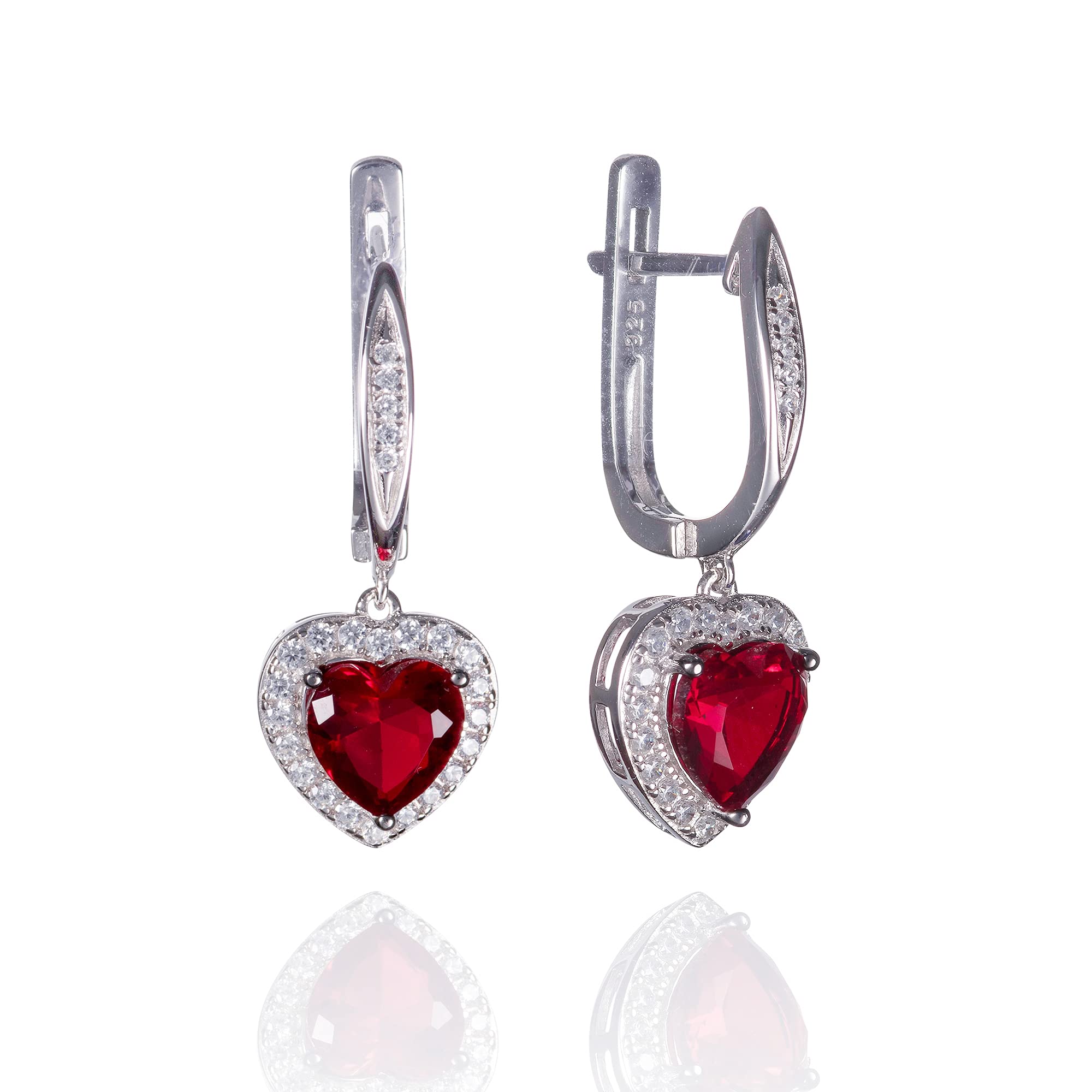 Namana Sterling Silver Heart-Shaped Dangle Earrings with Ruby & Cubic Zirconia Stones