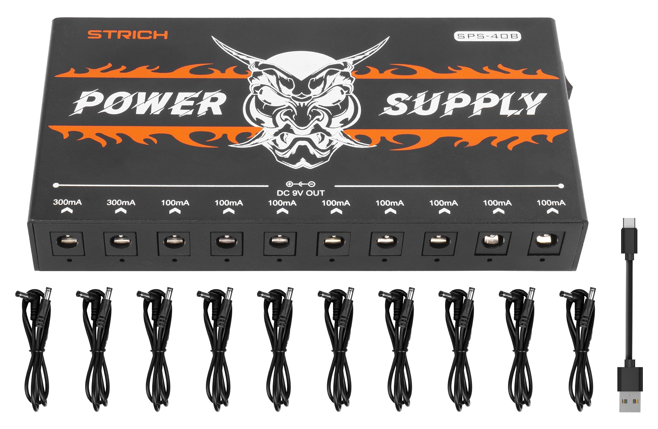 STRICH SPS-40B Wiederaufladbarer Akku Gitarre Effektpedal Netzteil mit eingebautem 10000mAh 10 Ausgängen DC 9V (2x300mA, 8x100mA) Buchsen für Gitarre Bass Pedale, 5V/1A USB Port für Telefon