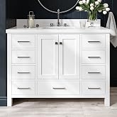 ARIEL Cambridge 48-inch Bathroom Vanity with Sink,Solid Wood, 1.5-inch Pure White Quartz Countertop &amp; Backsplash, Single Rectangular Porcelain Sink, 2 Soft Closing Doors, 9 Dovetail Drawers, White