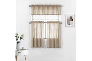Diamond Home Linens 3 Piece Linen Semi Sheer Kitchen Window Curtain Tiers and Valance Set 36" Long, Taupe.