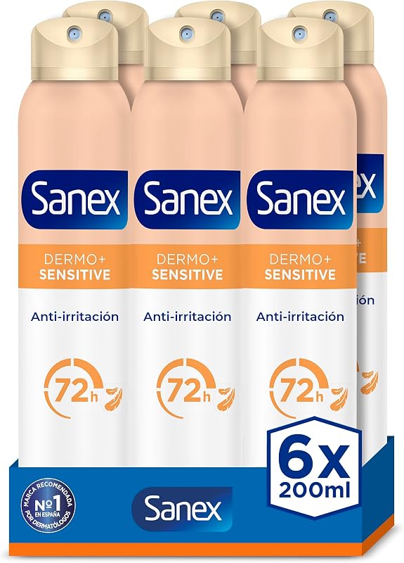Sanex Dermo Desodorizante Spray Sensível, Pack 6 Uds x 200 ml, Antitranspirante, até 24H Proteção Contra Suor e Odor, Suave na Pele Sensível, Restaura o pH Natural da Pele