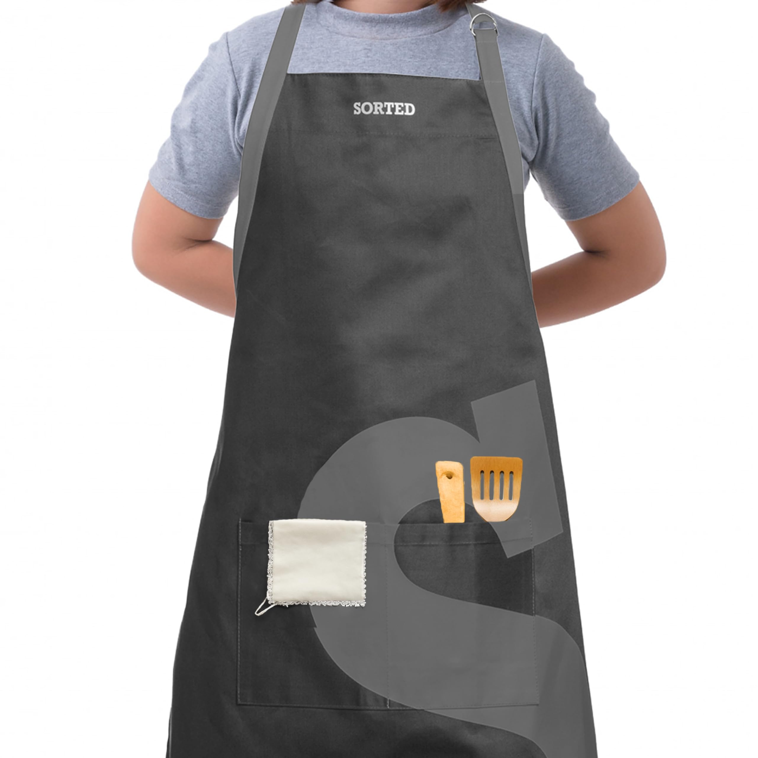 Premier Housewares Sorted Cotton Kitchen Apron with Adjustable Neck Strap and Pocket, Black and Grey