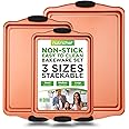 NutriChef 3 Piece Baking Pan Set - PFOA, PFOS, PTFE Free Flexible Nonstick Carbon Steel Bakeware Set - Home Kitchen Bake Pan Cookie Sheet Stackable Baking Tray Set w/Black Silicone Handles NCSBS3S45