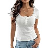 Cioatin Women Y2K Lace Patchwork Short Sleeve Pointelle Crop Tshirt Button Up Scoop Neck Henley Tee Shirt Tops Summer