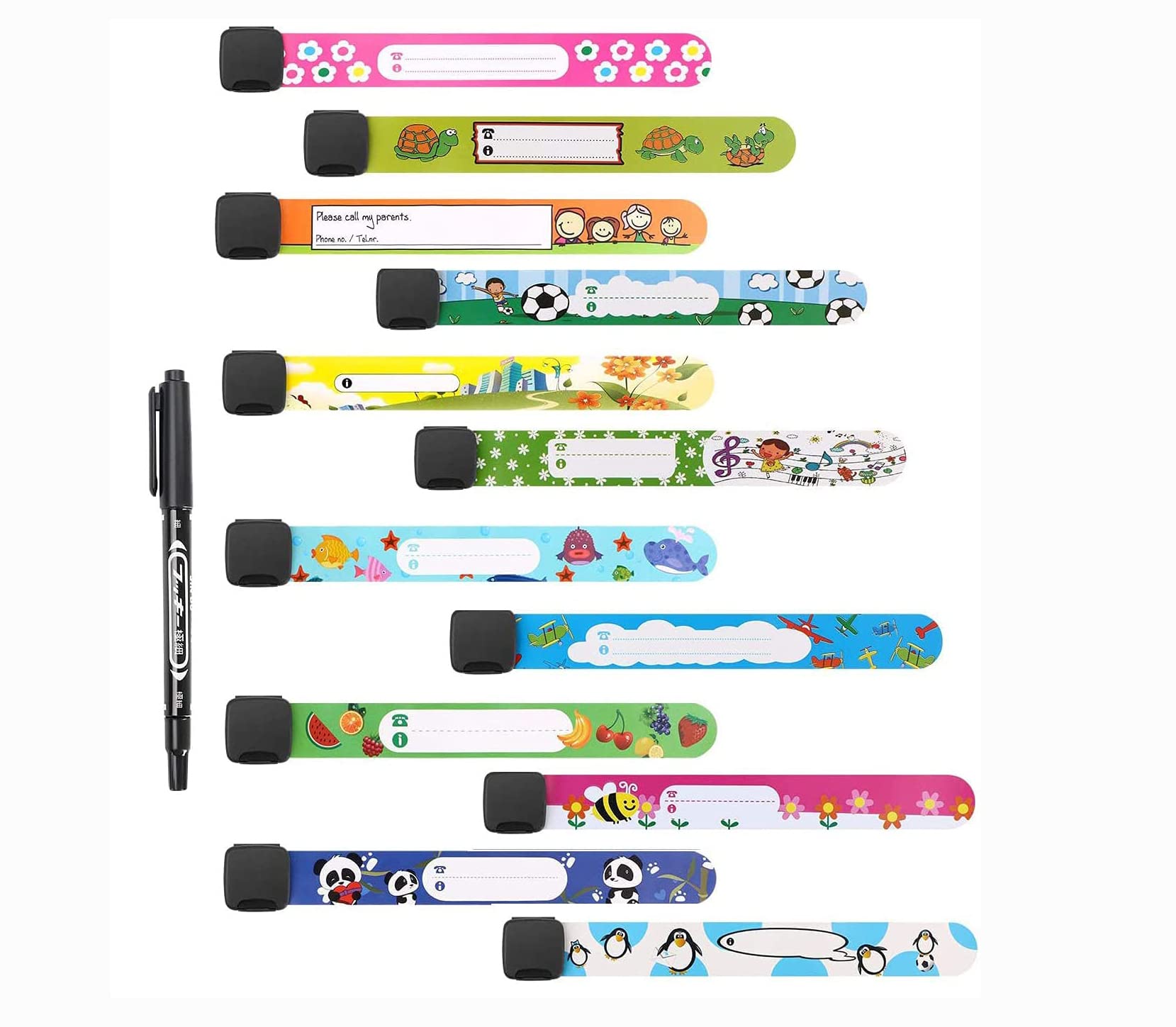 Jieddey Child Safety Wristband,12 PCS Kids ID Bracelet with 1 PCS Pen Anti Lost Child ID Bands PVC Waterproof Reusable Safety Wrist Band for Children Boys Girls Toddler Baby