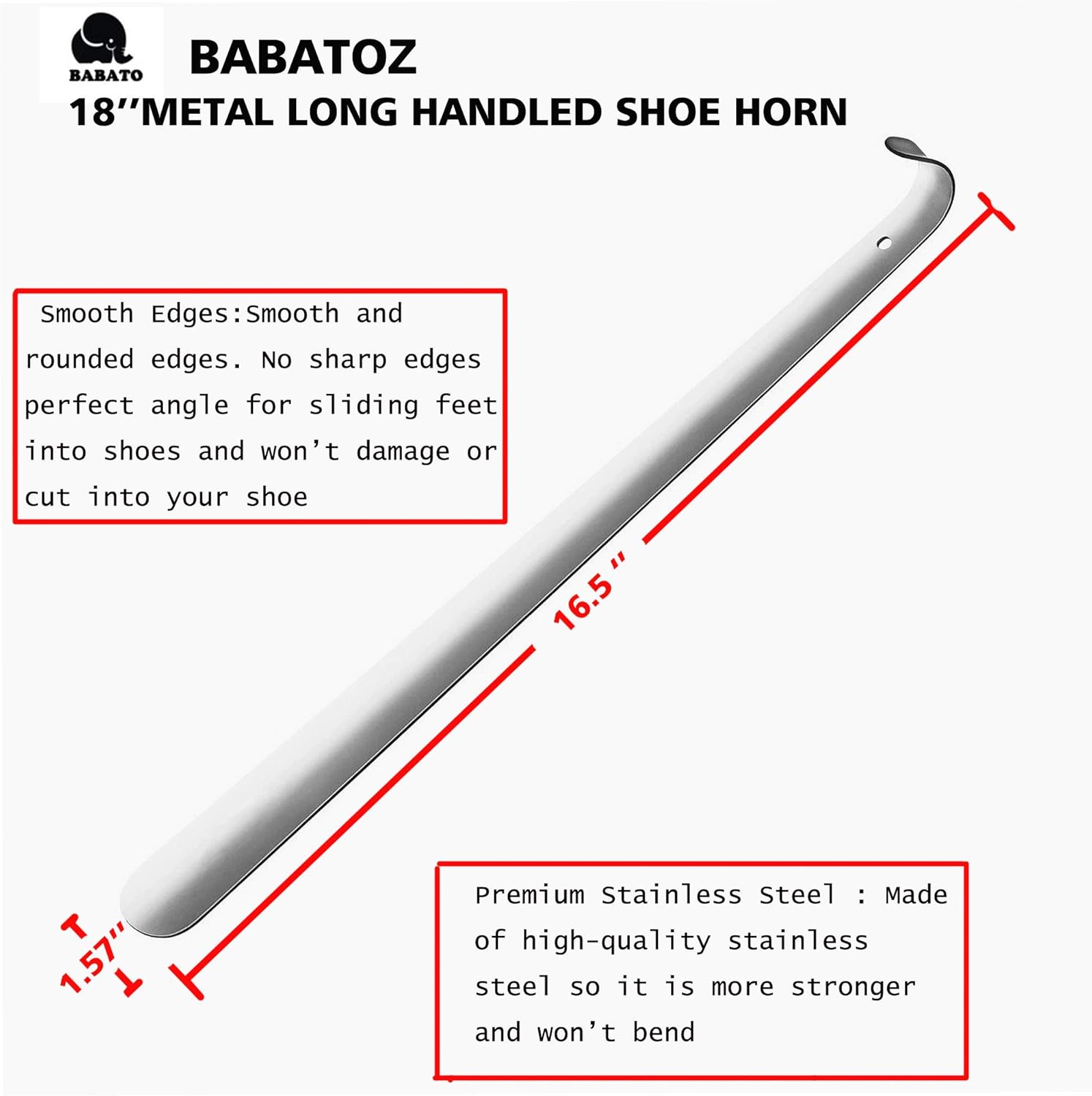 Babatoz Long Metal Shoe Horn -18 Inches Long Handled Stainless Steel Shoehorn: Shoes