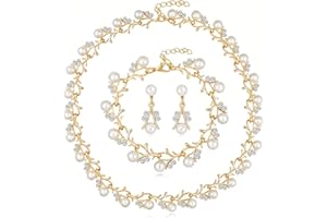 la luen Pearl Bride Wedding Jewelry Set Faux Pearls Crystal Rhinestone Necklace Earrings Bracelet Sets for Women Bridesmaid Wedding Parties Dates Everyday Wear