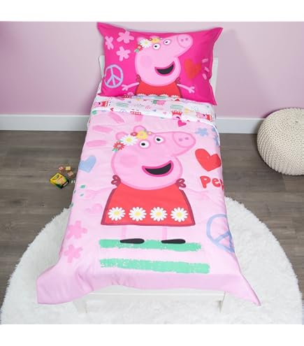 Franco Peppa Pig Pink Heart Kids Bedding - Set di lenzuola in microfibra super morbida, per letto matrimoniale, prodotto con licenza ufficiale, colore: Rosa