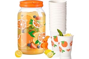 Umigy Tree Clear Plastic Drink Dispenser with 20 Pcs 12 oz Tropical Paper Cups 1 Gallon Kitchen Fridge Beverage Dispenser Plastic Water Dispenser with Spigot for Juice Tea Beer(Orange)
