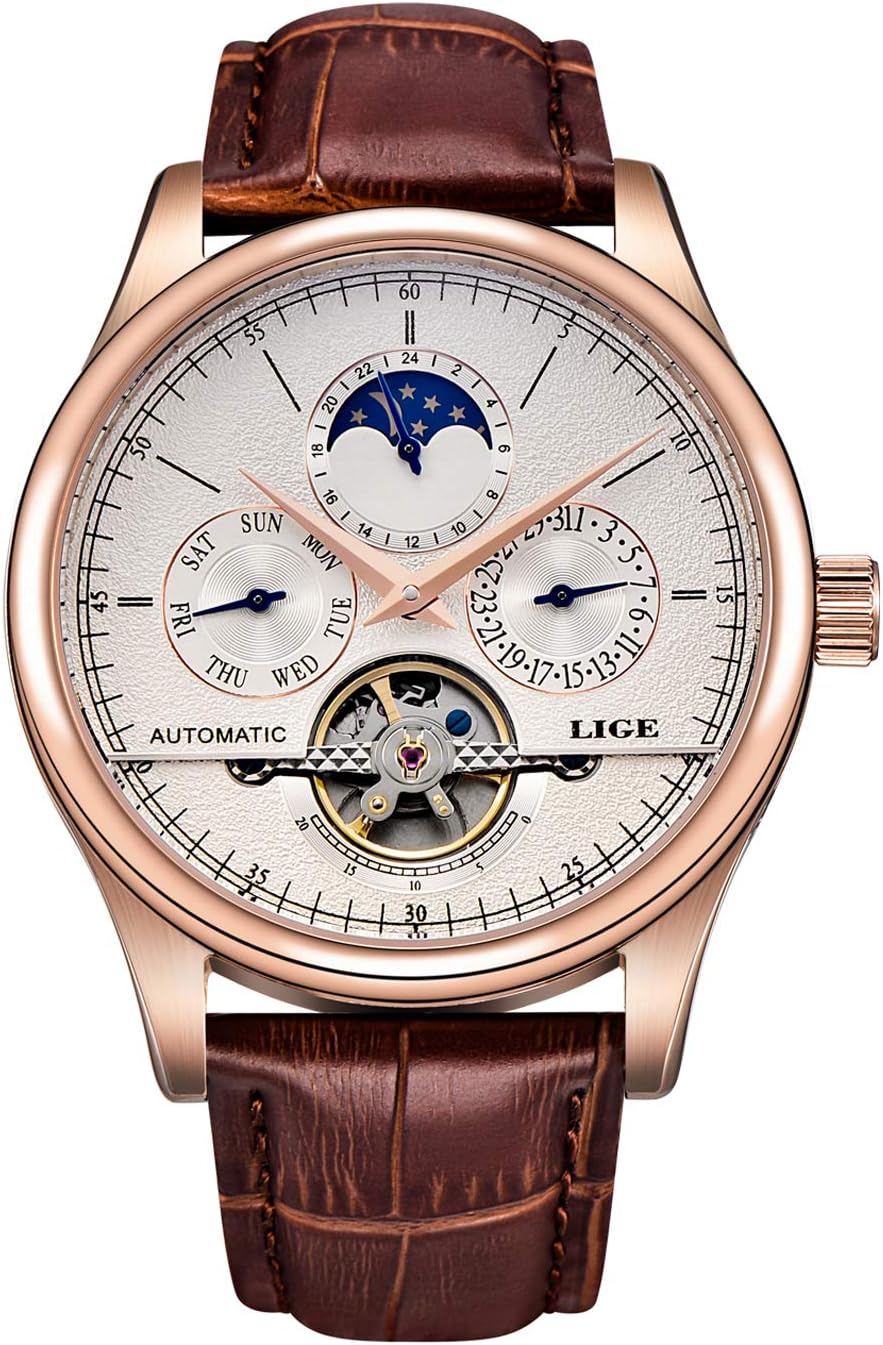 Affute Mens Automatic Mechanical Wrist Watches Stainless Steel Date Skeleton Tourbillon Watch