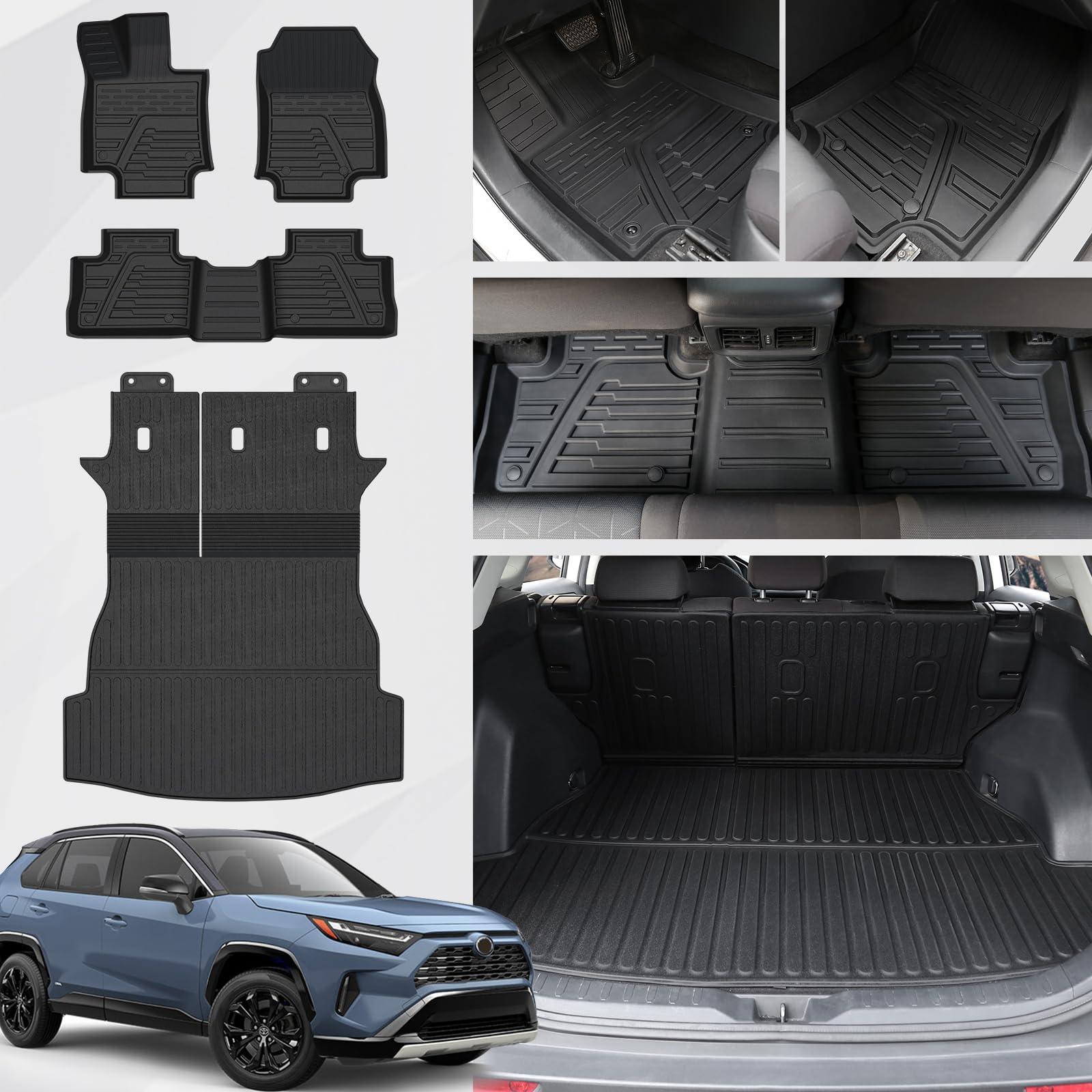 Photo 1 of JOULARISE Floor Mats Set for Toyota RAV4 2019-2025 (Include Hybrid), Extra Door Sill Guards, TPE All Weather Cargo Mat Backrest Mat Cargo Liner Car Accessories (Trunk Mat with Backrest Mat+Floor Mat)