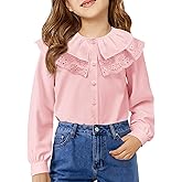 Girls Eyelet Ruffle Collar Blouse Kids Long Sleeve Button Down Shirt Cute Uniform Tops 5-14 Years
