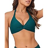 Limeeke Women Bikini Top Halter Twist Front Swimsuit Top Padded V Neck Swim Bathing Suit Tops Only