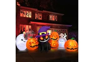 MICOCAH Halloween Inflatables Outdoor Decorations 8 FT Long Funny Pumpkin Black Cat Blow Up Lanterns Built-in LED Lights with Ghost Tombstone Scary Yard Decoration for Holiday Party Outside Lawn