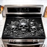 JOYHAUE Halloween Skull Stove Top Covers for Electric Stove, 28.4x20.5 in | Gothic skull and black rose stove cover for glass electric cooktops, with dark Halloween style and non-slip rubber backing.