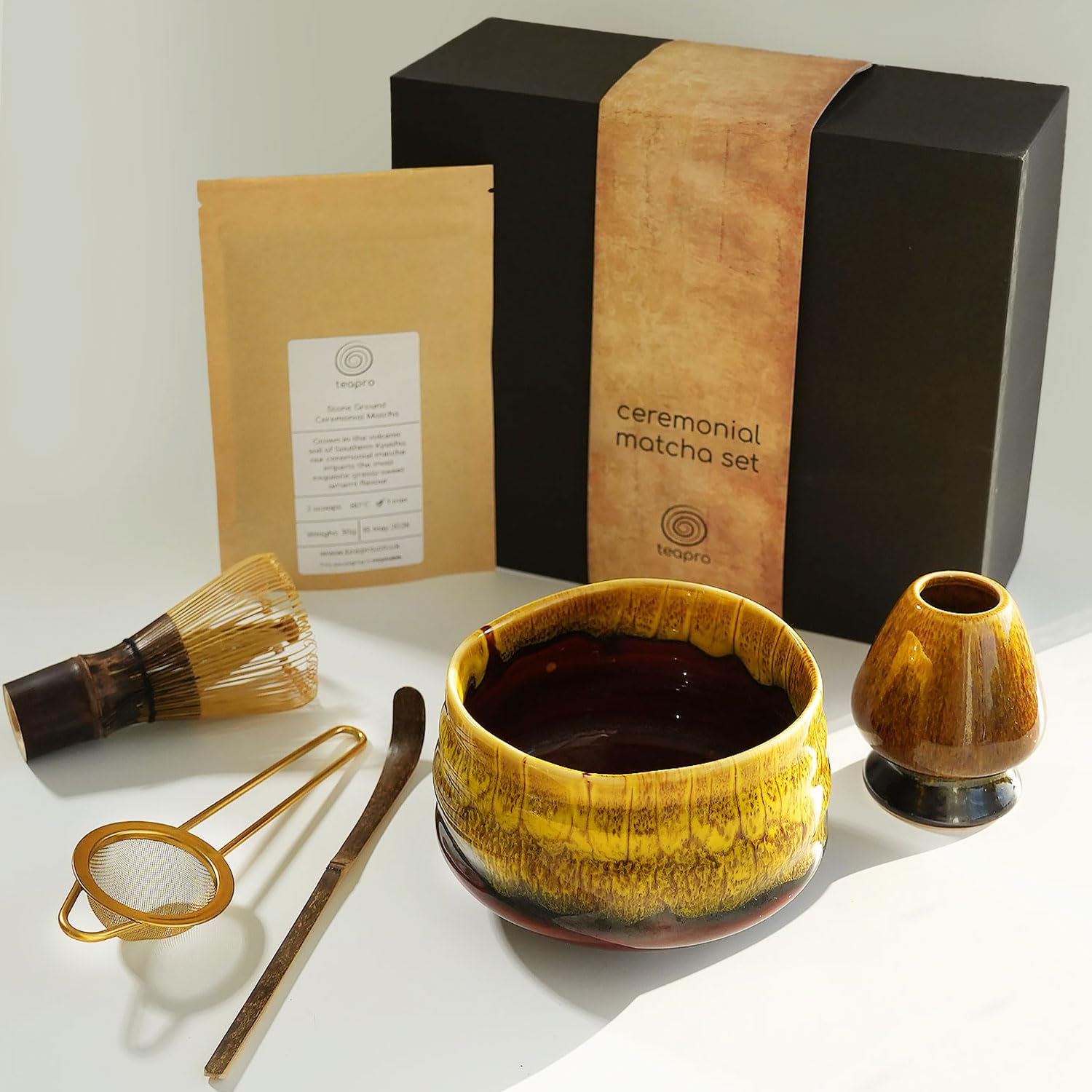 Teapro Yellow Japanese Matcha Set: Bamboo Whisk & Scoop, Ceramic Bowl & Whisk Holder, 30g Ceremonial Powder, Strainer | Traditional Starter Gift Set — image 1