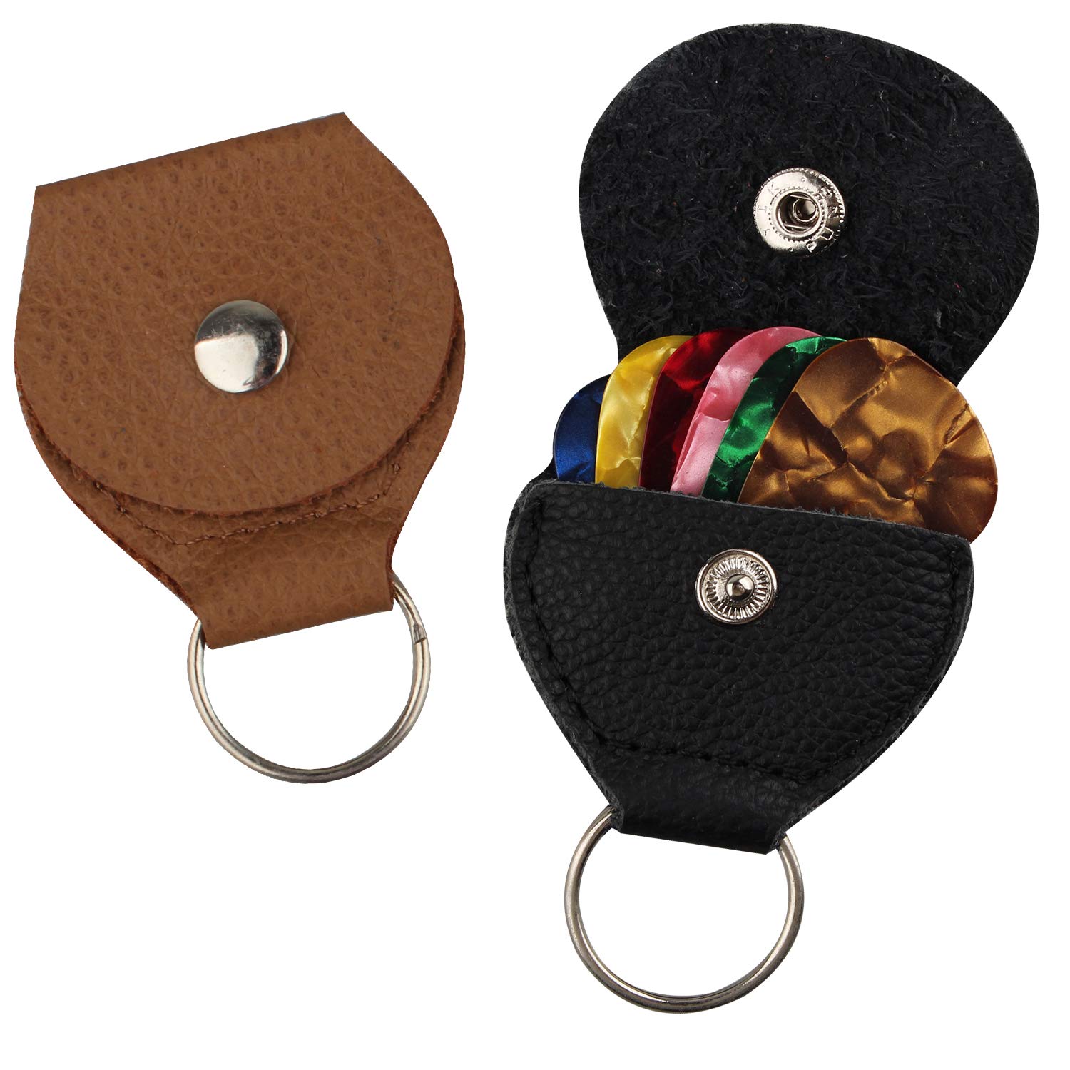 Futheda 2 Pieces Leather Plectrum Holder Case Keyring and 6 Pieces Doubled Sided Colorful Celluloid Material Guitar Picks Plectrums for Electric, Acoustic, or Bass Guitar 0.96mm