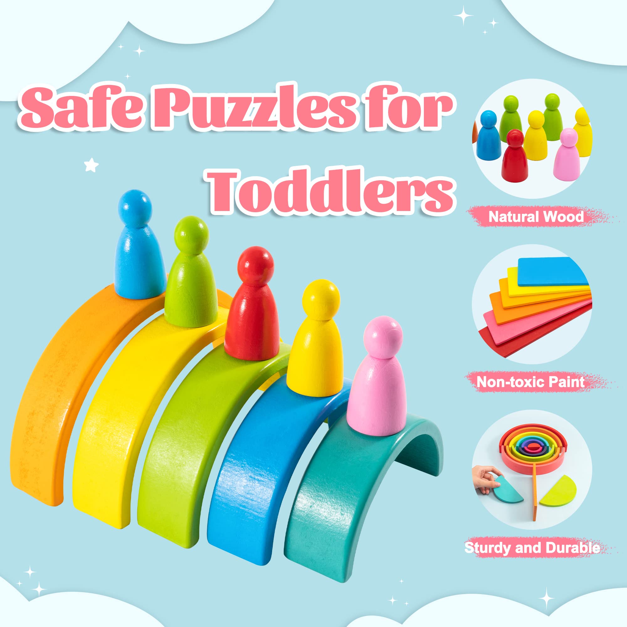 XJYQJD Wooden Rianbow Stacker Playset, 4-in-1 Rainbow Stacking Toys Building Blocks for Kids Ages 3 4 5 Preschool Montessori Toys Christmas Birthday Gifts for Toddlers Boys Girls 3-5 (45 Pieces)