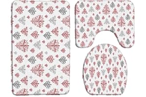 GCTNBJL Merry Christmas 3 Piece Bath Rug Sets,Red Gray Xmas Tree Forest Winter Holiday Festival Rustic Abstract Bathroom Kitchen Rugs,17.8"x29.5"Bath Mat,Toilet Seat Cover, U-Shaped Toilet