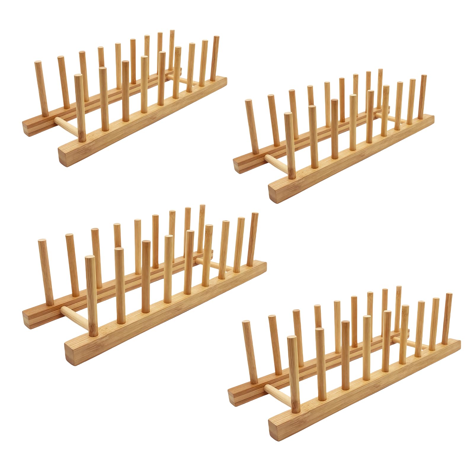 efbock Plate Rack Holder for Kitchen Cupboards Bamboo Wooden Chopping Board Tray Dish Rack Stand Drainers, Kitchen Cabinet Organizer for Plate/Cup/Pot Lid (4, 8 slots)