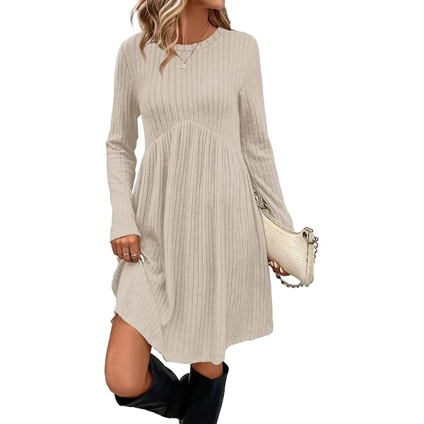 Long Sleeve Dress for Women Midi Empire Waist Sweater Dress Casual Fall Sweater Dresses for Women 2026 Winter Warm Comfy Crewneck Maternity Tunic Dresses with Pockets Vestidos para Mujer White at Amazon