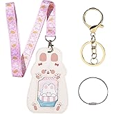 NEWEST Cute Rabbit ID Badge Holders with Lanyard Keychain Key Ring, Bunny PU Leather Luggage Tag for Suitcase with Metal Loop, Lovely Animal ID Card Name Tag Identifier for Nurse Teacher Student Staff