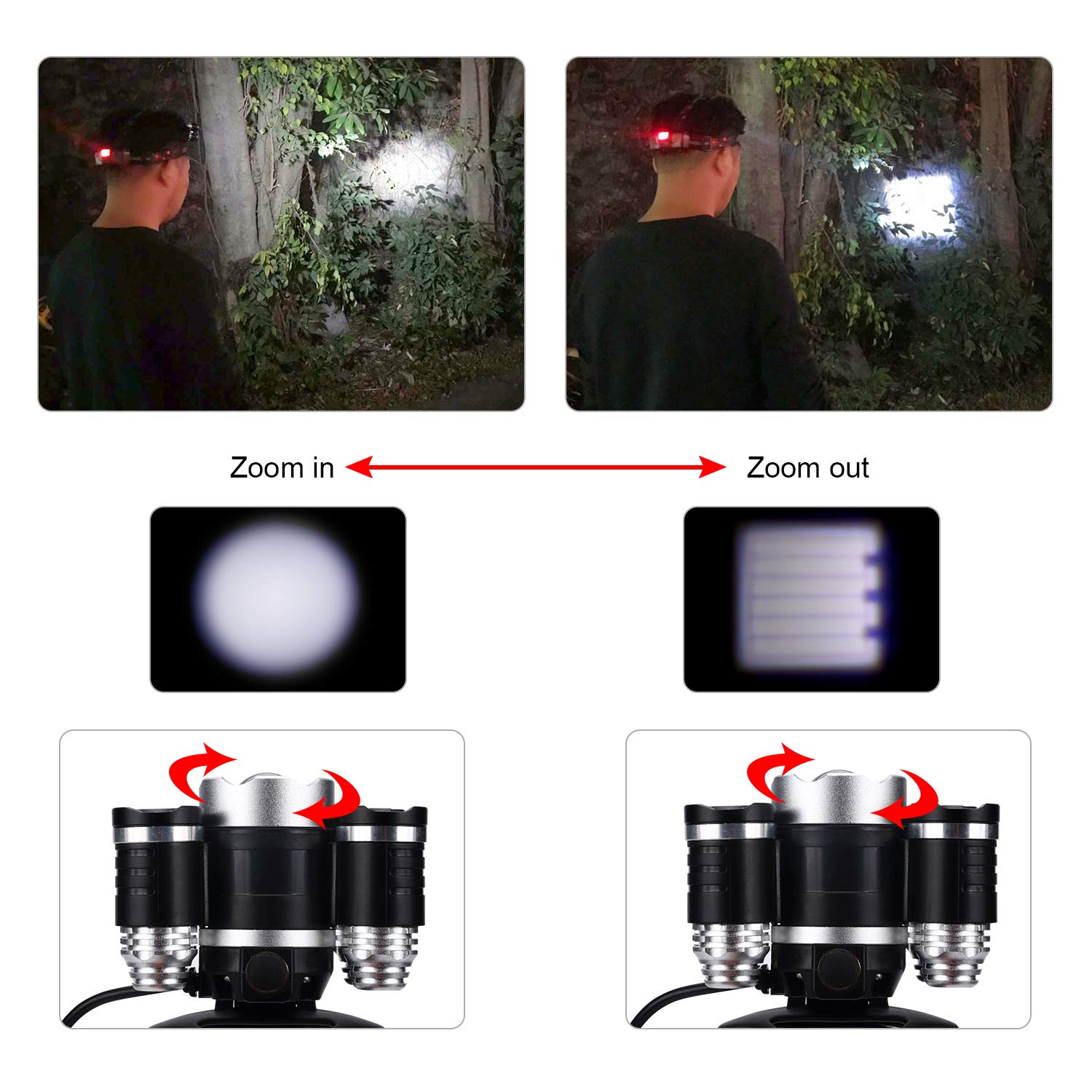 KKlite LED Rechargeable Headlamp Headlights - Brightest 6800 lumen Waterproof Work Head Flashlight included 18650 Batteries Car Charger Wall Charger and USB Cable for Camping Running Cycling Hiking