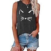 LOOKFACE Women's Crewneck Sleeveless Tank Top with Cat Graphic Print Cute Tunics