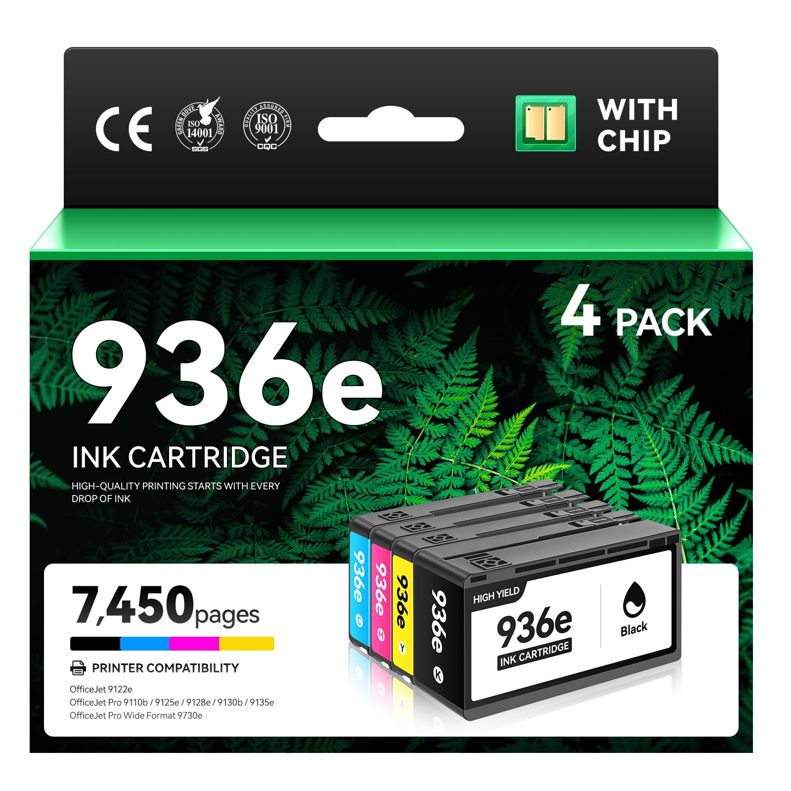 Photo 1 of 936e 936 Ink Cartridges 4-Pack High-Yield Replacement Compatible with HP OfficeJet Pro 9122e 9110b 9125e 9128e 9130b 9135e Wide Format 9730e Printer 936XL Black Cyan Yellow Magenta Combo Set with Chip