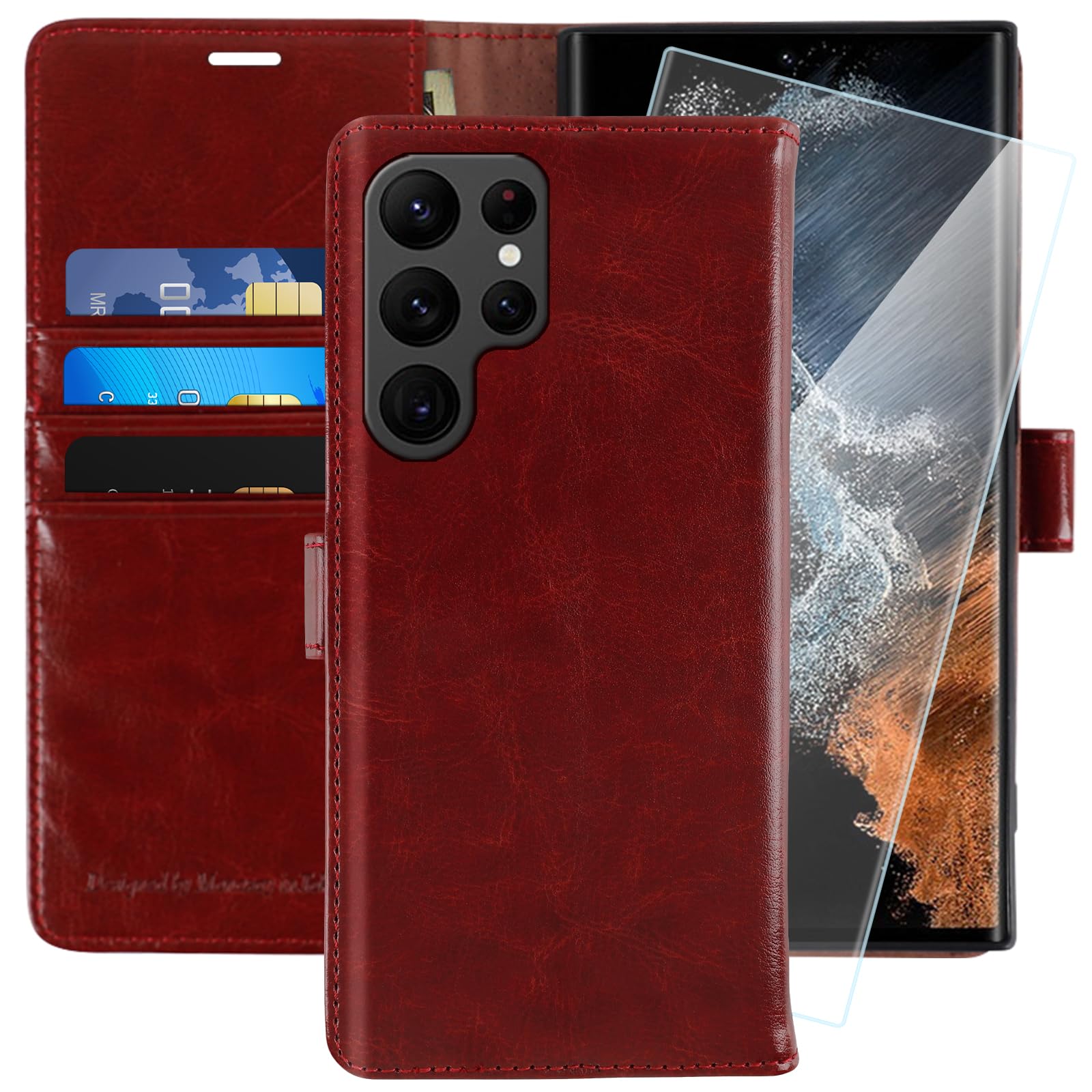 MONASAY Wallet Case Compatible for Galaxy S22 Ultra 5G, 6.8 inch [Included Screen Protector][RFID Blocking] Flip Folio Leather Cell Phone Cover with Credit Card Holder, Burgundy