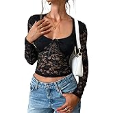 Y2K Lace Tops for Women Long Sleeve Slim Fit Mesh Shirt See Through Sheer Blouse Sexy Low Cut Going Out Crop Tops