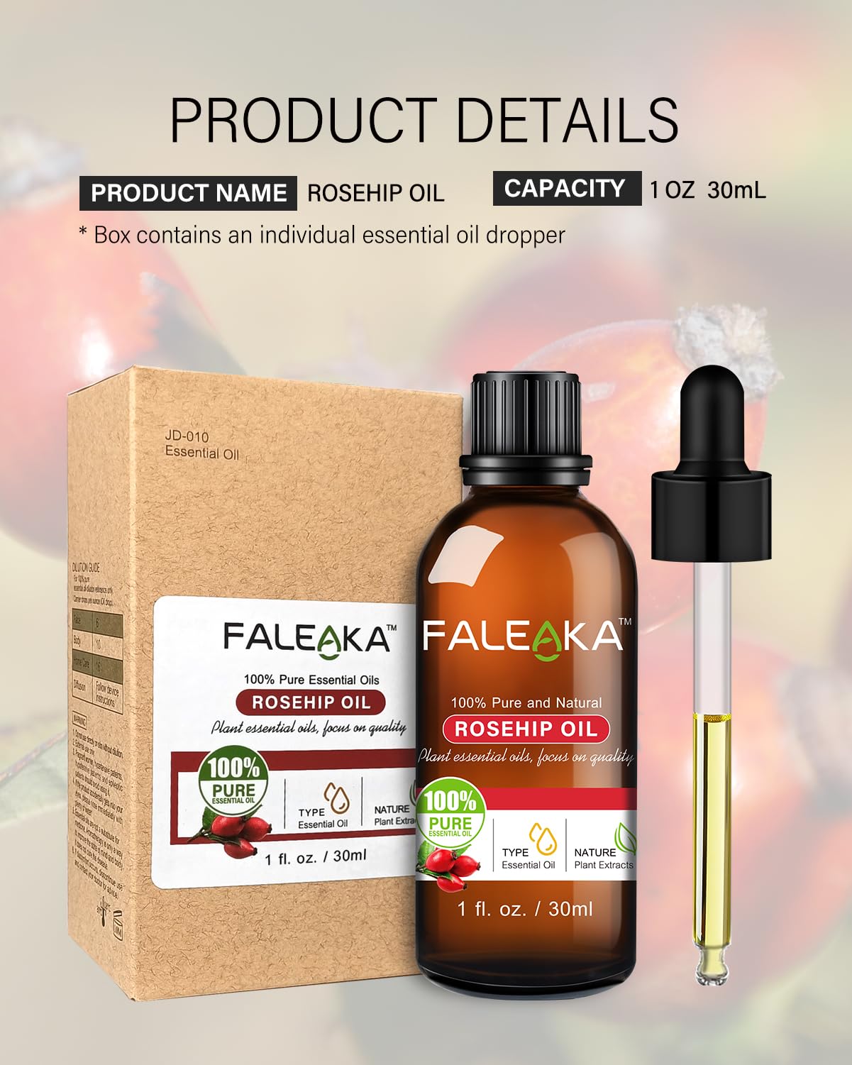 FALEAKA Rosehip Oil Rosehip Essential Oil for Face100% Pure Organic Rosehip Seed Oil Virgin Cold-Pressed Anti Ageing&Anti Wrinkle Serum Rosehip Oil Fast-Absorbing Portable Non-Allergenic (1oz)