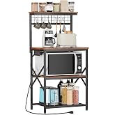 Furologee Kitchen Bakers Rack with Power Outlet, 22-Inch Microwave Stand | Coffee Bar Table with 6 S Hooks, Microwave Cart with 4-Tier Storage, Kitchen Storage Shelf for Spices, Pots, Rustic Brown