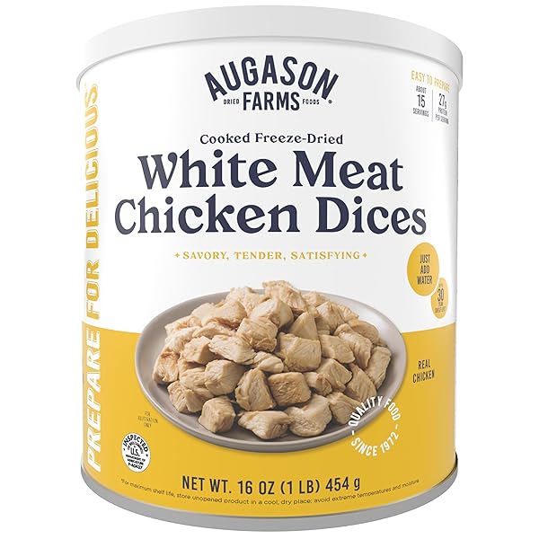 AUGASON FARMS COOKED FREEZE DRIED WHITE MEAT CHICKEN DICES CAN, EMERGENCY FOOD SUPPLY, EVERYDAY MEALS, 15 SERVINGS
