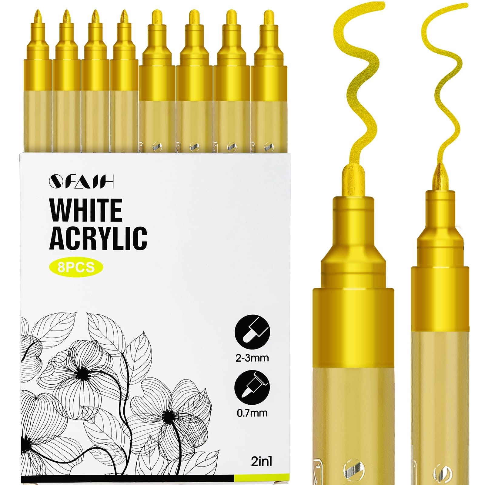 Photo 1 of SFAIH Acrylic Gold Paint Pens - 8 Pack 2-3MM Medium Tip & 0.7MM Extra Fine Gold Markers Permanent for Rock, Wood, Metal, Fabric, Plastic, Glass, Ceramic, Diy Crafts, Large Ink Capacity, High Coverage