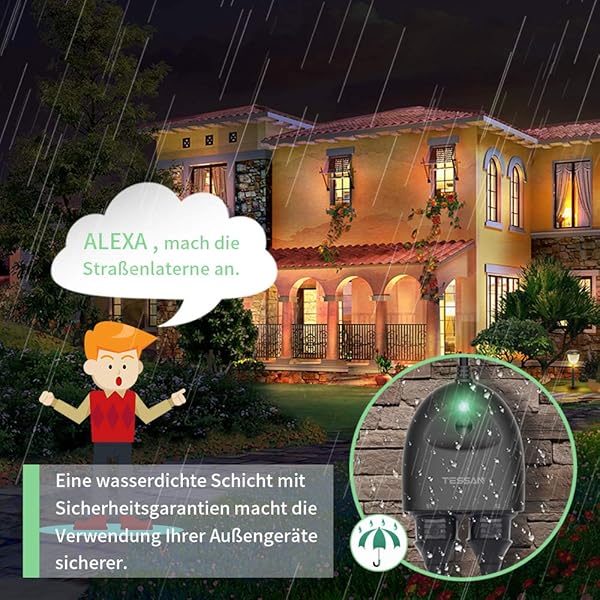 TESSAN Enchufe WiFi exterior 4000 W16 A Smart Home Plug resistente al agua enchufe exterior WiFi IP44 con 2 AC con control remoto por aplicacin compatible con Alexa Google Home e IFTTT