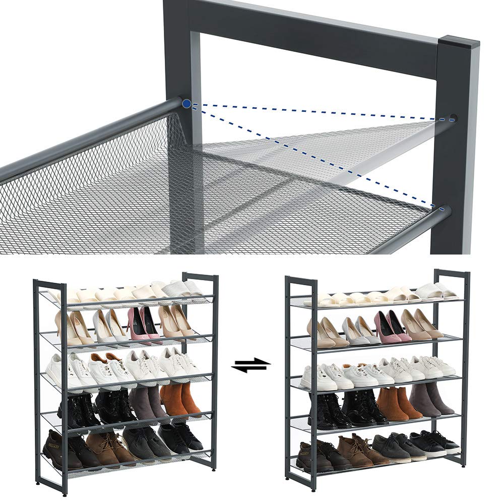 SONGMICS Shoe Rack, 5-Tier Stackable Shoe Storage Shelf, Metal Mesh, Flat or Angled Shoe Organizer for 20 to 25 Pairs of Shoes, Short Boots, High Heels, Cool Gray ULMR05GB