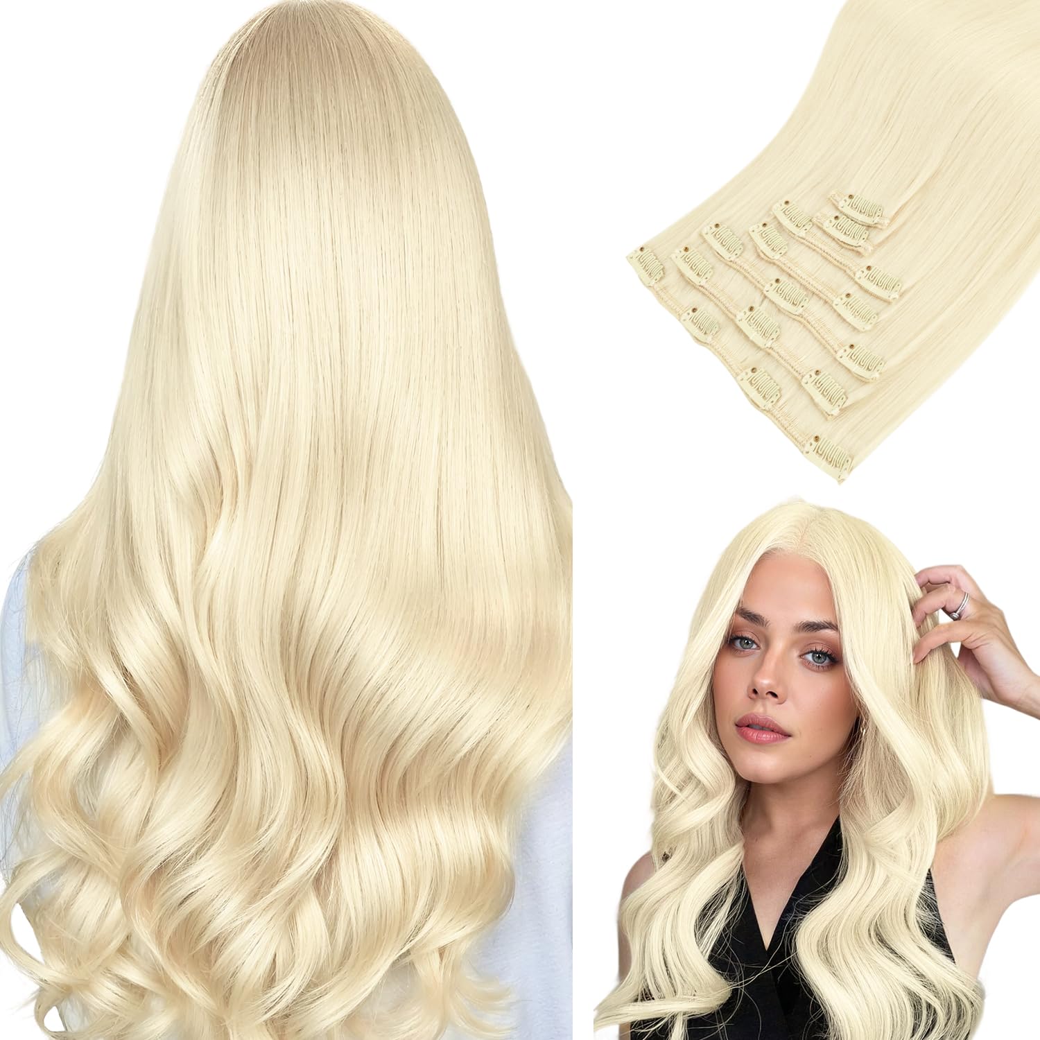 Clip in Hair Extensions, hotbanana Platinum Blonde Clip in Hair Extensions Real Human Hair Straight Remy Hair Clip in Hair Extension 20 inch 120g 7pcs