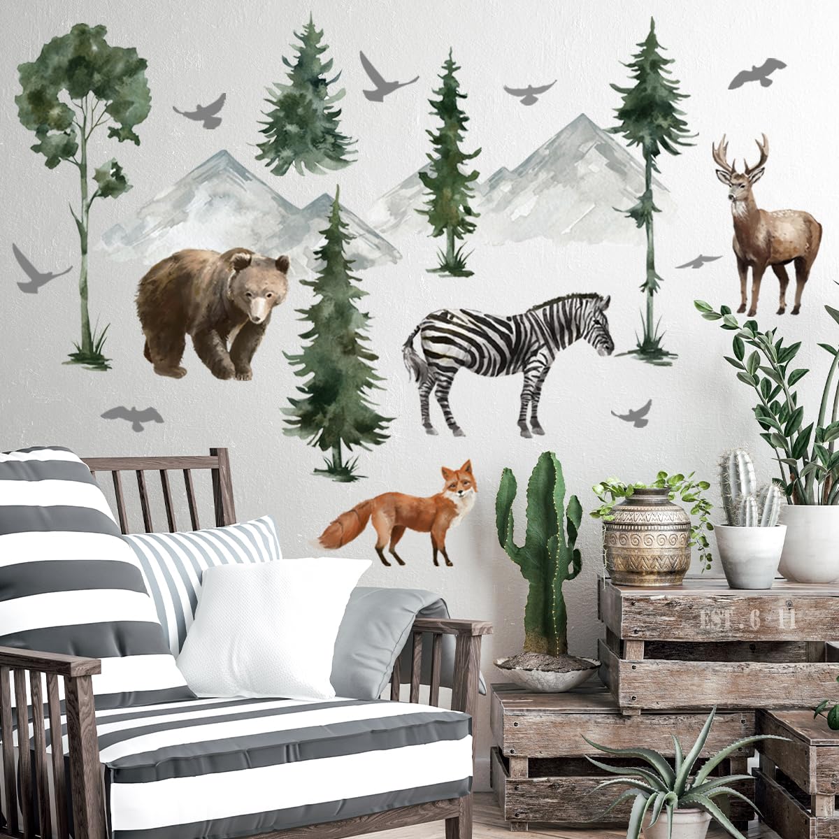 Runtoo Woodland Animals Wall Decals Fox Zebra Bear Pine Tree Wall Stickers Baby Nursery Kids Bedroom Classroom Home Decor