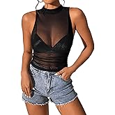 SweatyRocks Women's Sleeveless Mock Neck Slim Fit Ruched See Through Mesh Tank Top