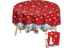 Potchen 3 Pcs Round Christmas Tablecloth 84 Inch Plastic Christmas Tree Snowman Snowflake Tablecloth Disposable Xmas Holiday Table Cover for Party Picnic Dinner Kitchen Decor (Snowman)