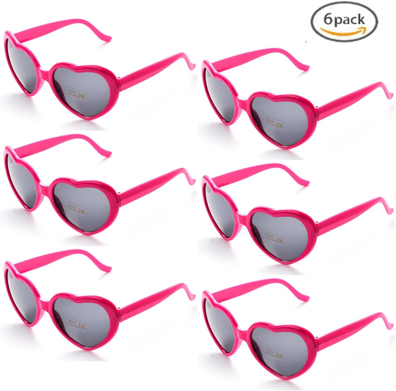 Onnea 6 Pairs Neon Colors Heart Shape Party Favors Sunglasses Pack Bulk for Adults (6-Pack Hot Pink)