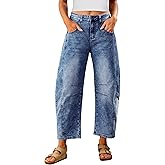 Utyful Barrel Jeans Women Cropped Baggy Trendy High Waisted Distressed Loose Stretch Denim Trouser Jeans with Pockets