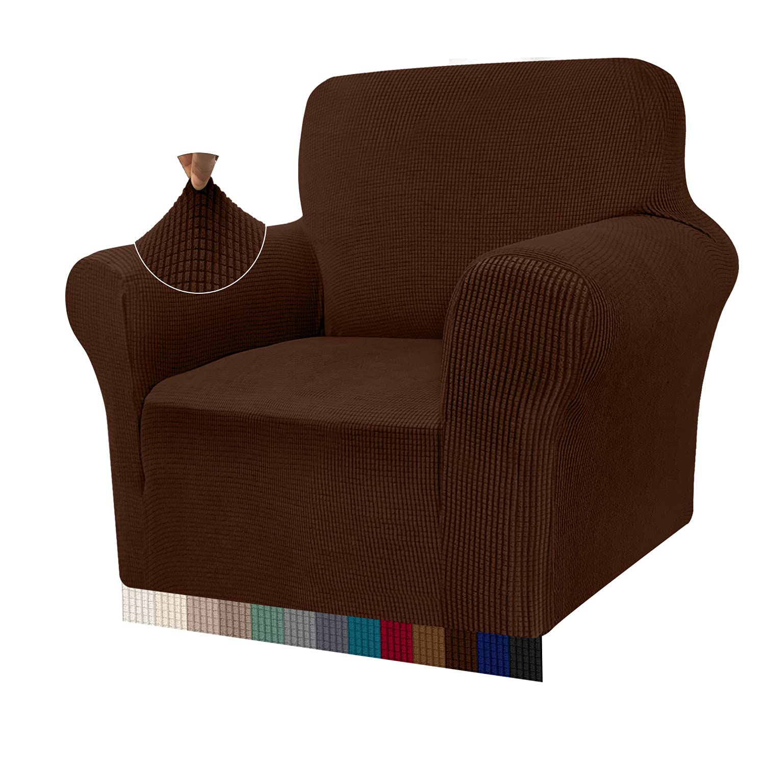 Granbest High Stretch Armchair Covers Super Soft Chair Covers for Living Room Jacquard Sofa Cover for Dogs Non Slip Chair Slipcover with Arms Furniture Protector (1 Seater, Chocolate)